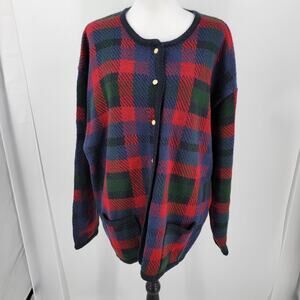 Kobe Sweater Womens 2X Blue Red Green Plaid Cardigan Button Up Pockets Vintage